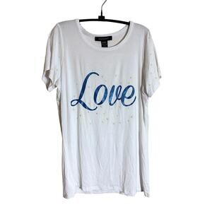 Ashley Stewart White T-Shirt with faux pearls and sparkly blue “Love” print NWOT